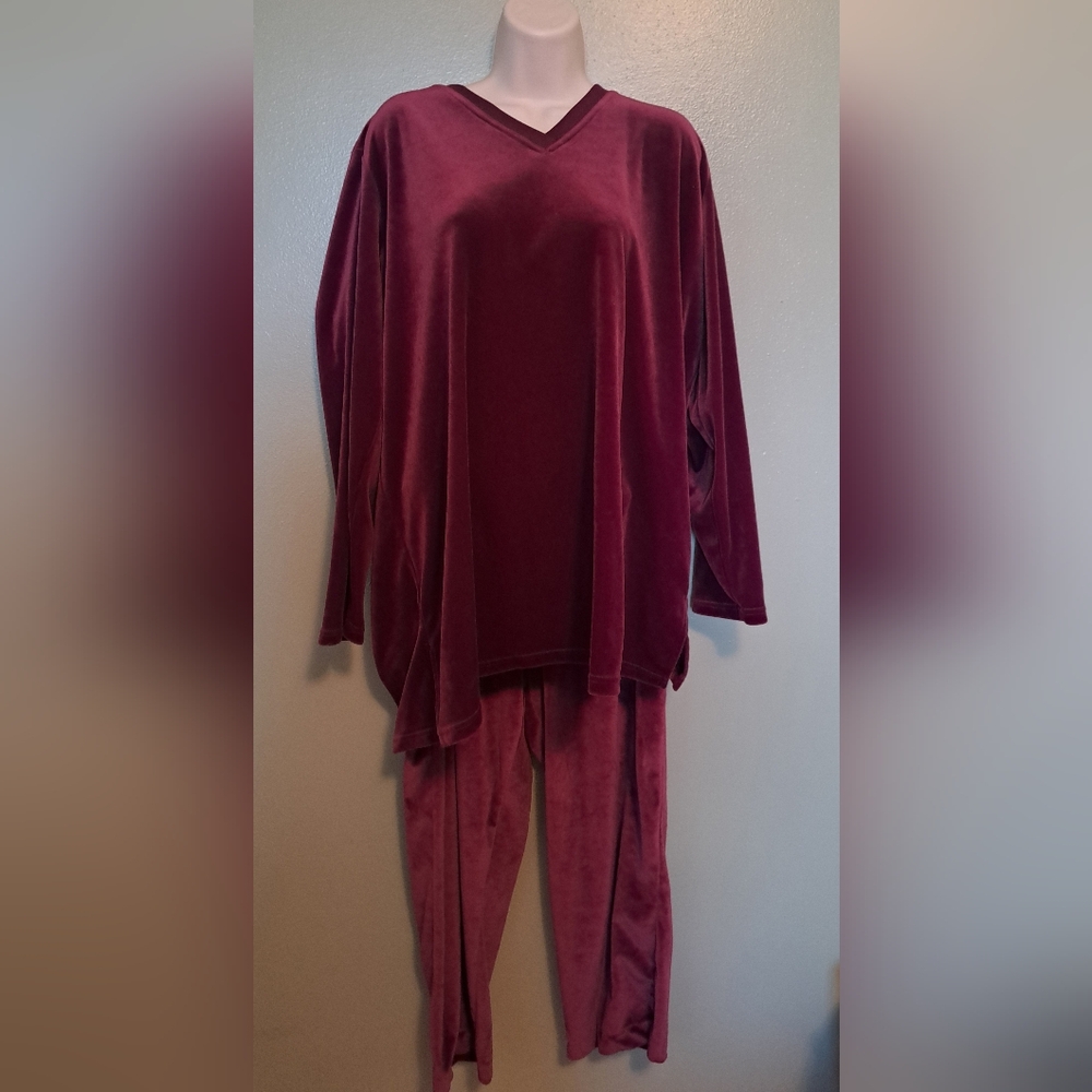 Vintage Roaman's Burgandy Velvet Tunic Pants Outfit 1X 2 Piece